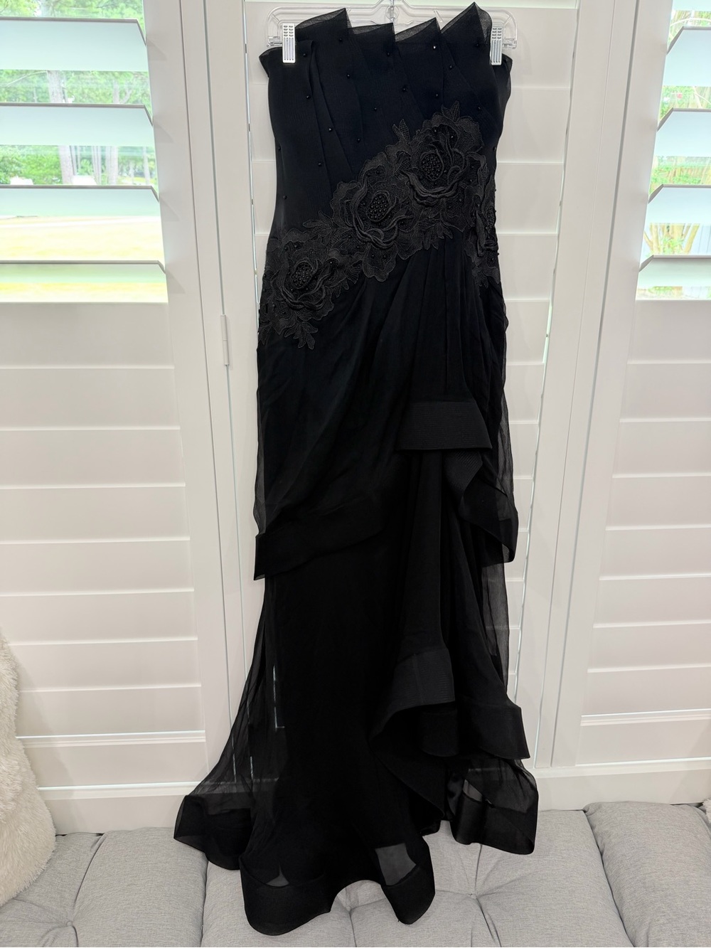 Black Strapless Floral Appliqué Evening Gown